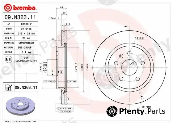 Brembo 09.N363.11 — Brake Disc PRIME LINE - UV Coated