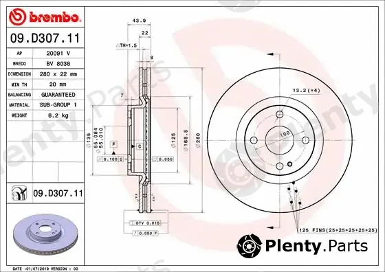 Brembo 09.D307.11 — Brake Disc PRIME LINE - UV Coated