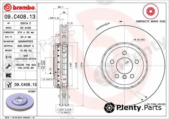 Brembo 09.C408.13 — Brake Disc PRIME LINE - Composite