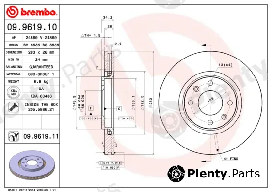 Brembo 09.9619.10 — Brake Disc PRIME LINE