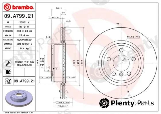 Brembo 09.A799.21 — Brake Disc PRIME LINE - UV Coated