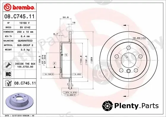 Brembo 08.C745.11 — Brake Disc PRIME LINE - UV Coated