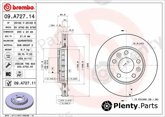 Brembo 09.A727.11 — Brake Disc PRIME LINE - UV Coated