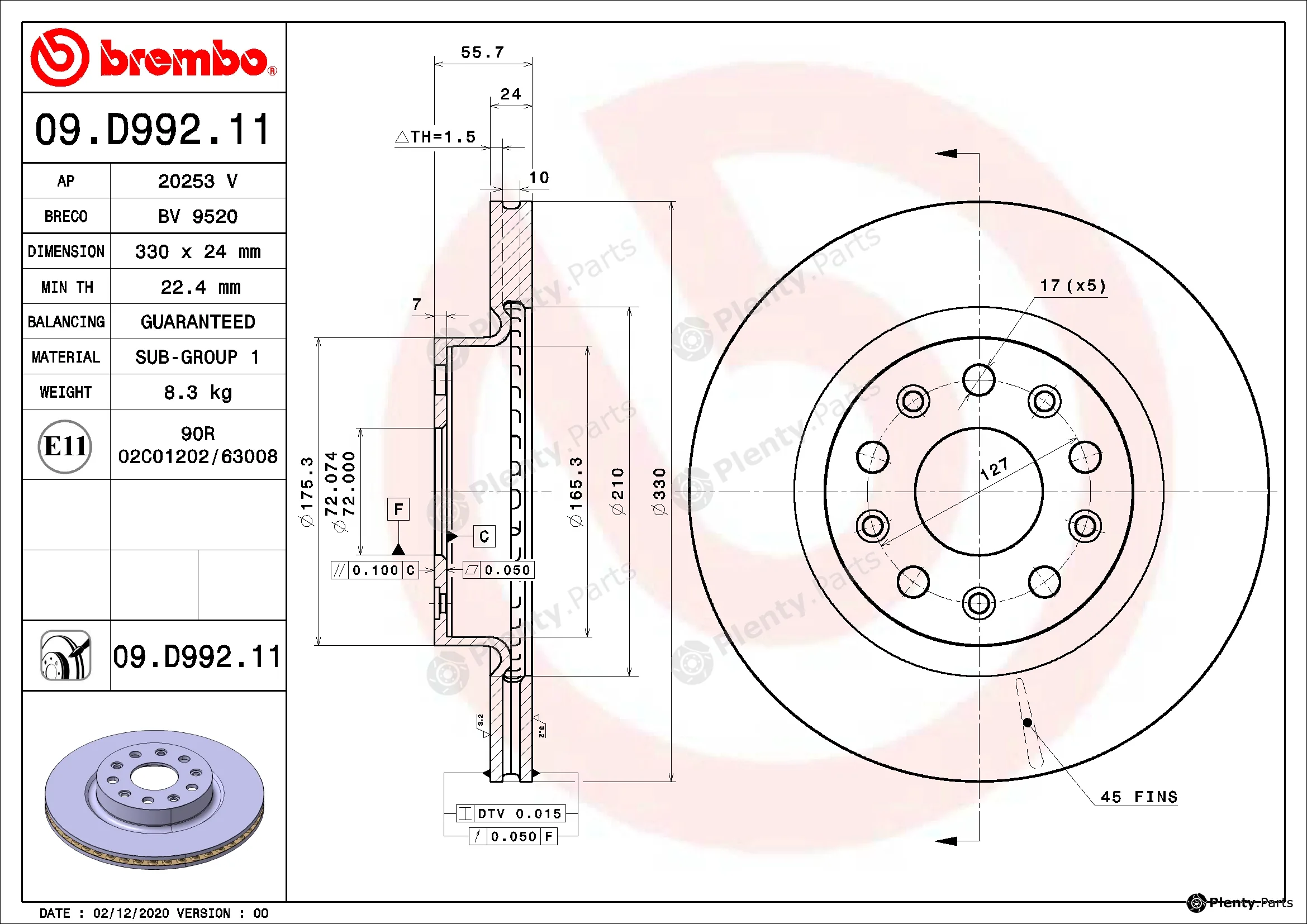 Brembo 09.D992.11 — Brake Disc PRIME LINE - UV Coated