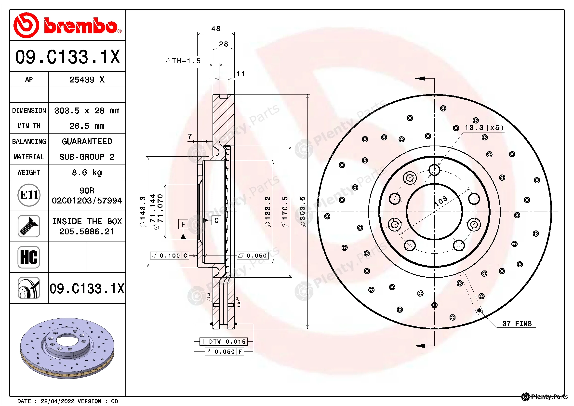 Brembo 09.C133.1X — Brake Disc XTRA LINE - Xtra