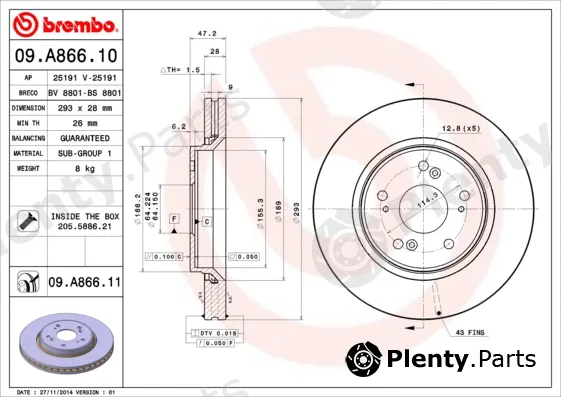 Brembo 09.A866.11 — Brake Disc PRIME LINE - UV Coated