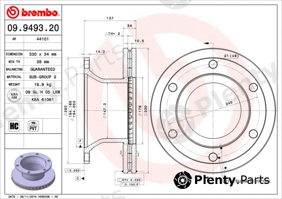 Brembo 09.9493.20 — Brake Disc PRIME LINE