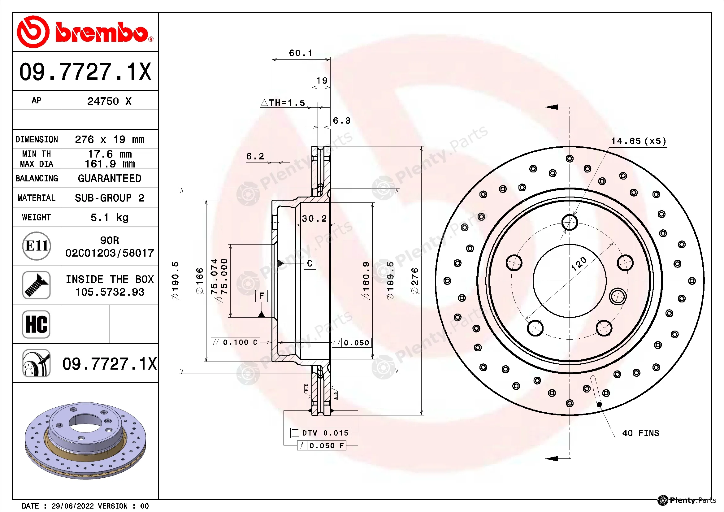 Brembo 09.7727.1X — Brake Disc XTRA LINE - Xtra