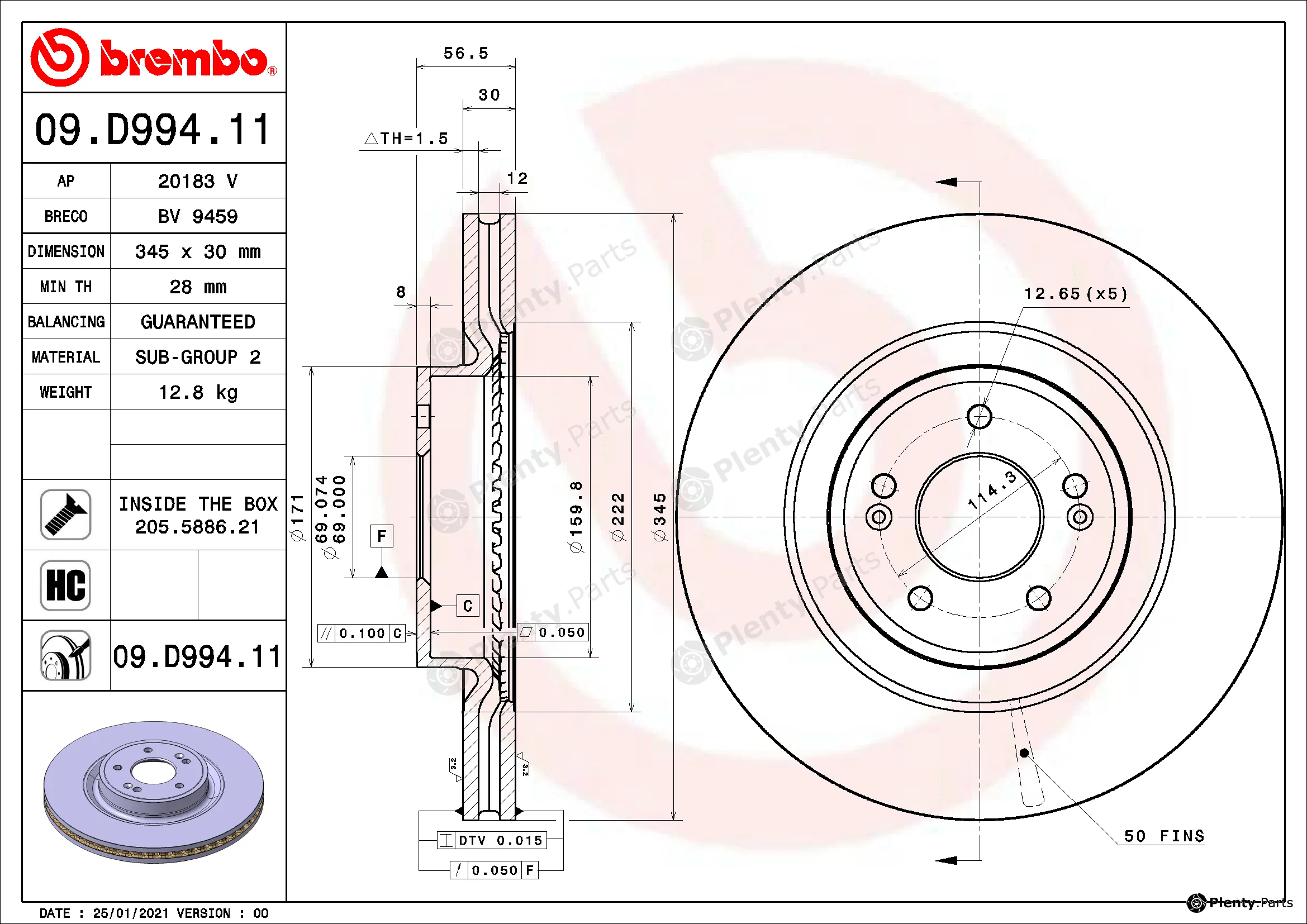 Brembo 09.D994.11 — Brake Disc PRIME LINE - UV Coated