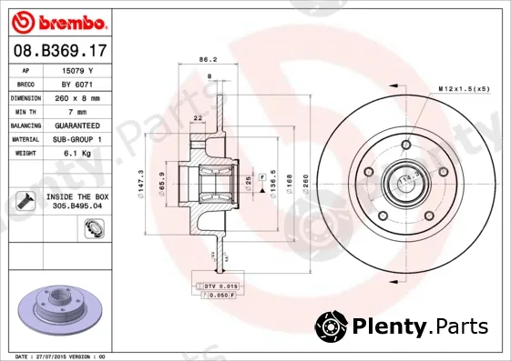 Brembo 08.B369.17 — Brake Disc PRIME LINE - With Bearing Kit