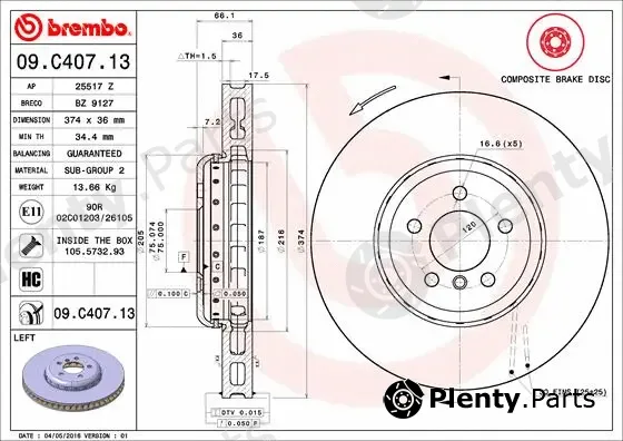 Brembo 09.C407.13 — Brake Disc PRIME LINE - Composite