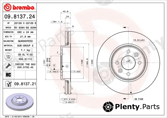 Brembo 09.8137.21 — Brake Disc PRIME LINE - UV Coated