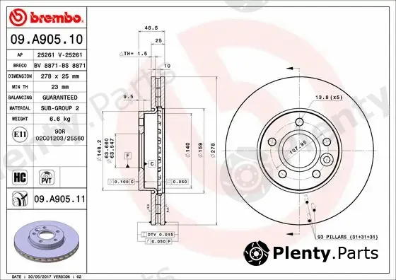 Brembo 09.A905.10 — Brake Disc PRIME LINE