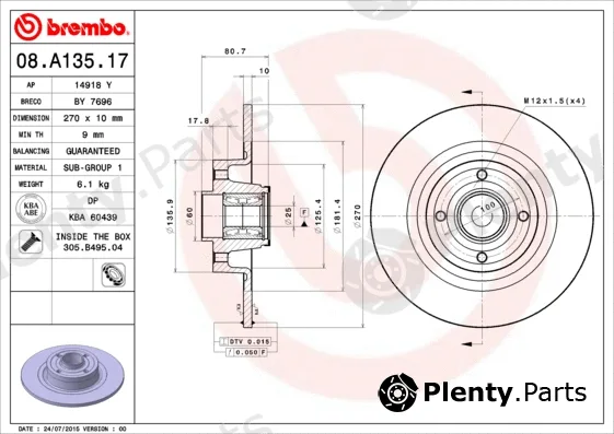 Brembo 08.A135.17 — Brake Disc PRIME LINE - With Bearing Kit