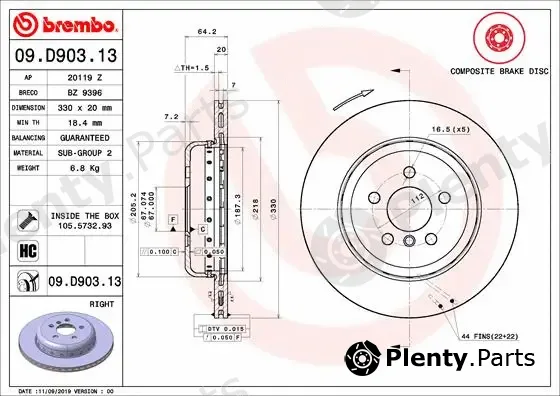Brembo 09.D903.13 — Brake Disc PRIME LINE - Composite
