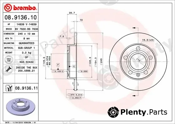 Brembo 08.9136.10 — Brake Disc PRIME LINE