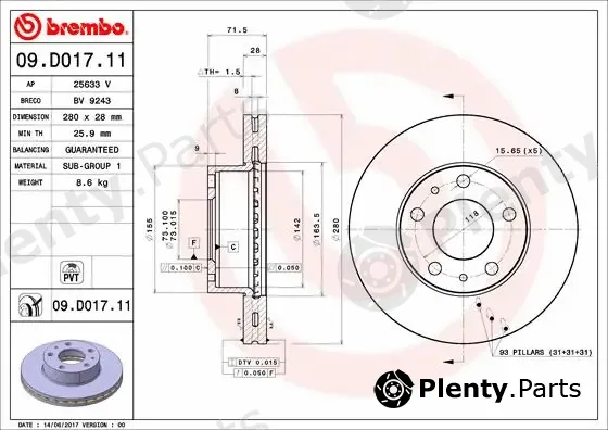 Brembo 09.D017.11 — Brake Disc PRIME LINE - UV Coated