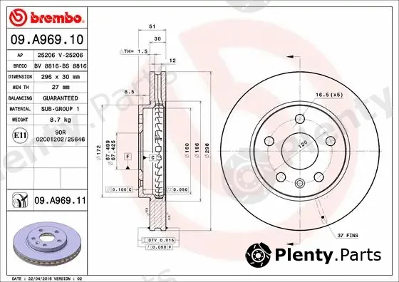 Brembo 09.A969.11 — Brake Disc PRIME LINE - UV Coated