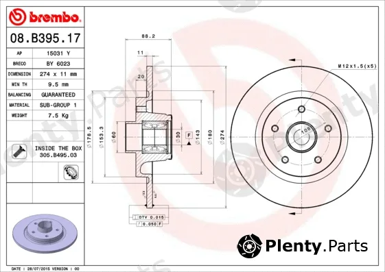 Brembo 08.B395.17 — Brake Disc PRIME LINE - With Bearing Kit