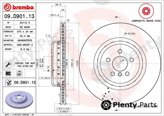 Brembo 09.D901.13 — Brake Disc PRIME LINE - Composite