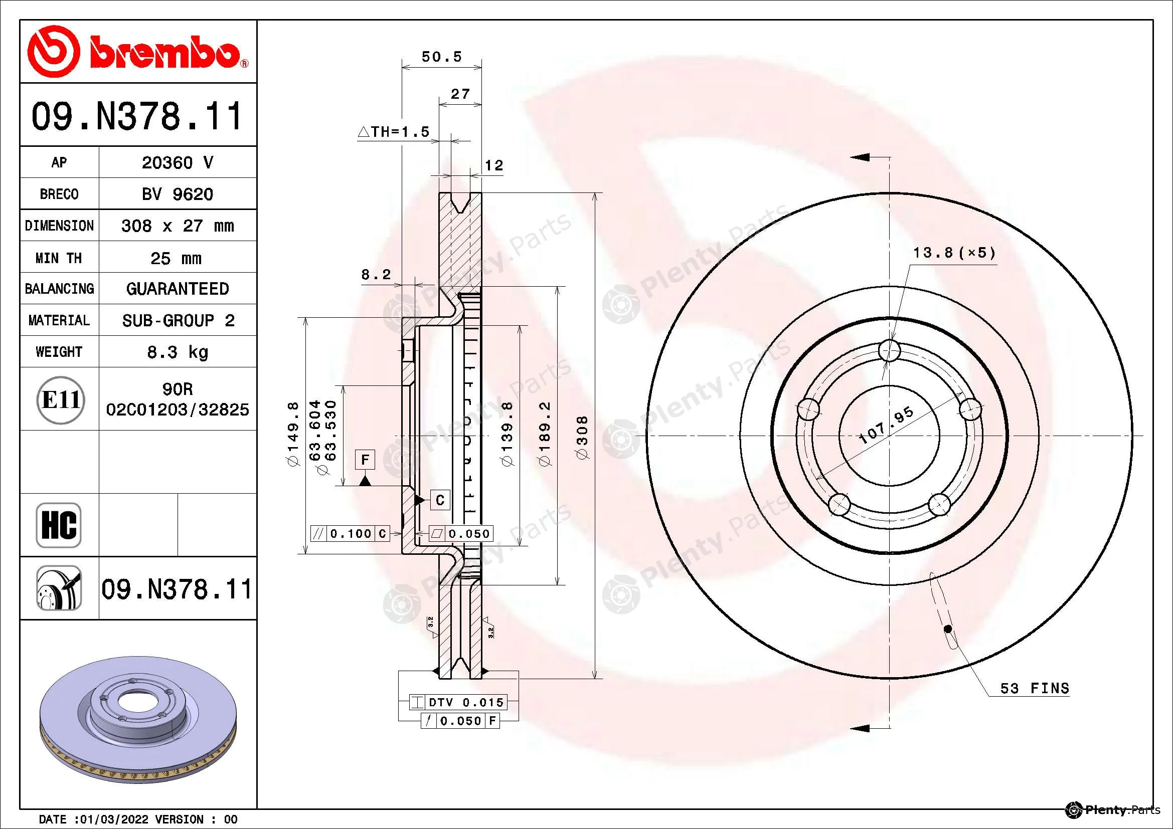 Brembo 09.N378.11 — Brake Disc PRIME LINE - UV Coated