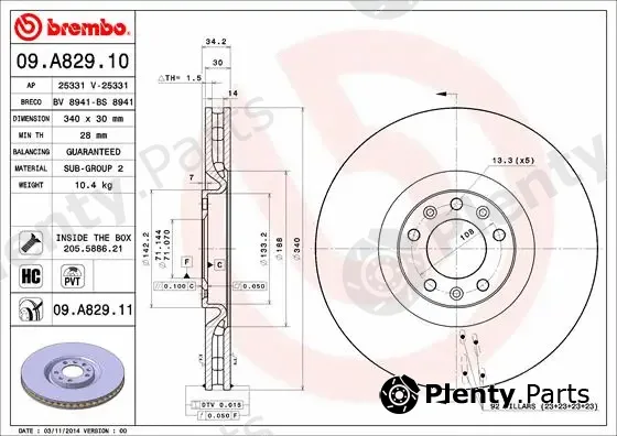 Brembo 09.A829.11 — Brake Disc PRIME LINE - UV Coated