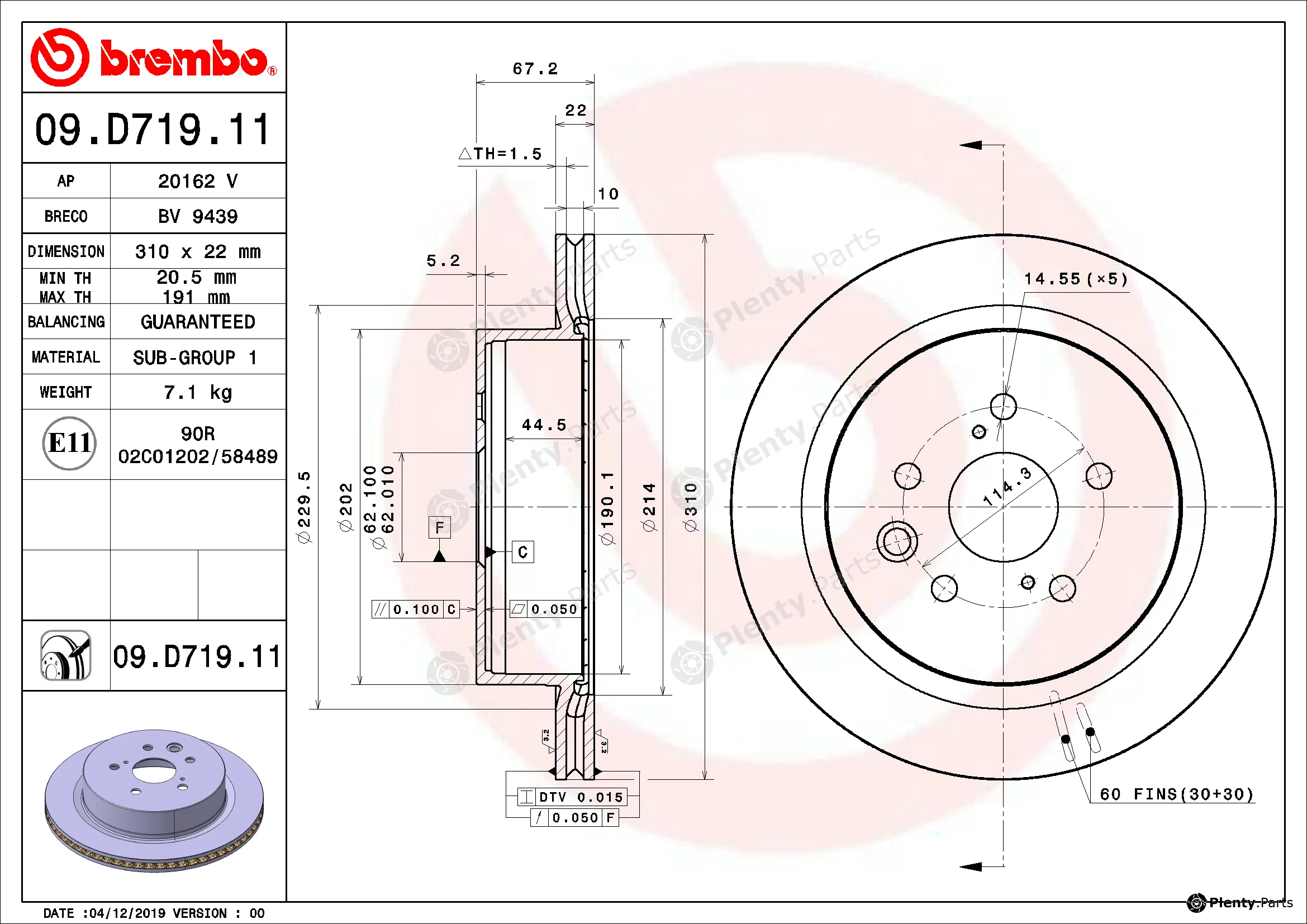 Brembo 09.D719.11 — Brake Disc PRIME LINE - UV Coated