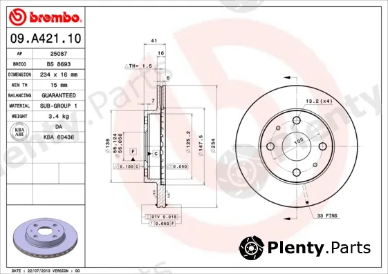 Brembo 09.A421.10 — Brake Disc PRIME LINE