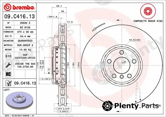Brembo 09.C416.13 — Brake Disc PRIME LINE - Composite