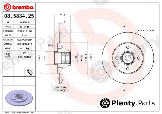 Brembo 08.5834.25 — Brake Disc PRIME LINE - With Bearing Kit