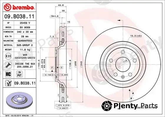 Brembo 09.B038.11 — Brake Disc PRIME LINE - UV Coated