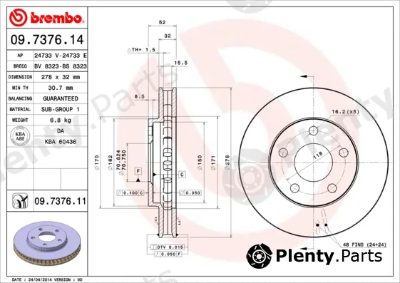 Brembo 09.7376.11 — Brake Disc PRIME LINE - UV Coated