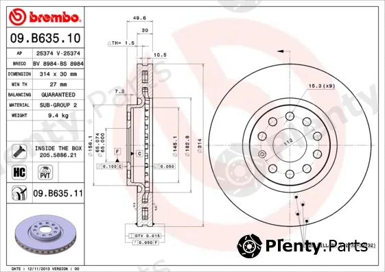 Brembo 09.B635.11 — Brake Disc PRIME LINE - UV Coated