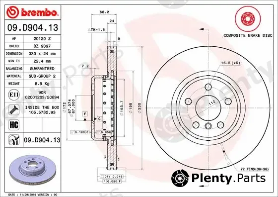 Brembo 09.D904.13 — Brake Disc PRIME LINE - Composite