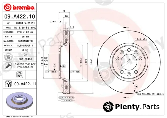 Brembo 09.A422.10 — Brake Disc PRIME LINE
