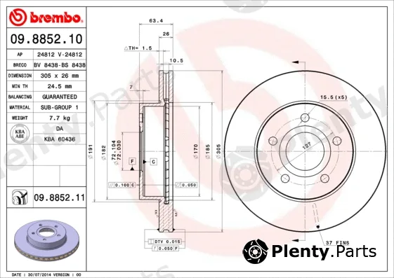 Brembo 09.8852.11 — Brake Disc PRIME LINE - UV Coated