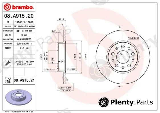 Brembo 08.A915.20 — Brake Disc PRIME LINE