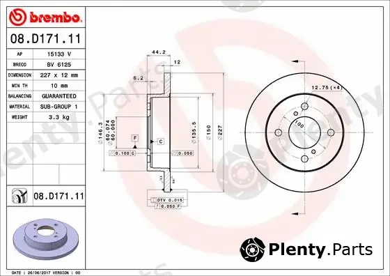 Brembo 08.D171.11 — Brake Disc PRIME LINE - UV Coated