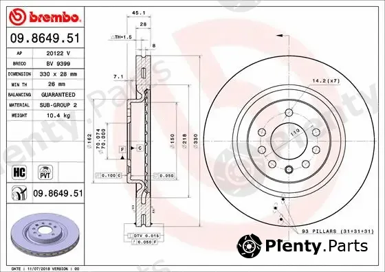 Brembo 09.8649.51 — Brake Disc PRIME LINE - UV Coated