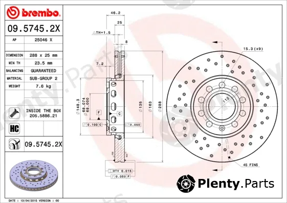 Brembo 09.5745.2X — Brake Disc XTRA LINE - Xtra