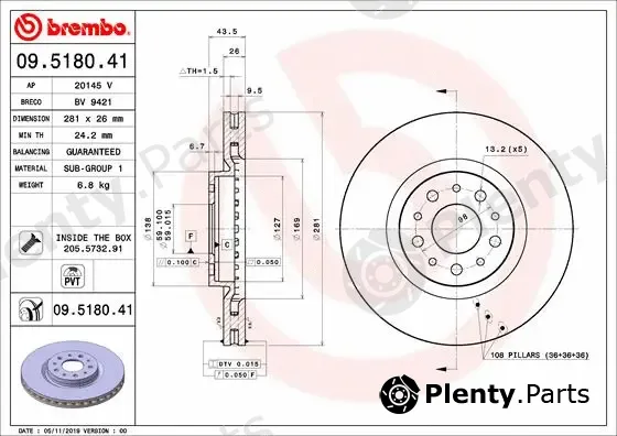 Brembo 09.5180.41 — Brake Disc PRIME LINE - UV Coated