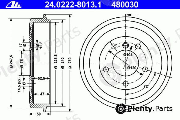  ATE part 24.0222-8013.1 (24022280131) Brake Drum