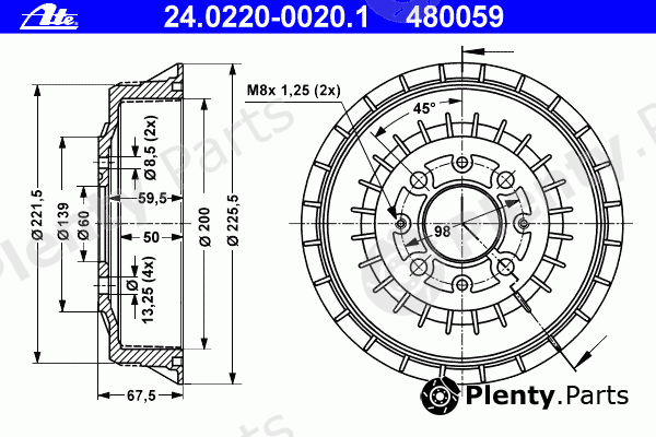  ATE part 24.0220-0020.1 (24022000201) Brake Drum