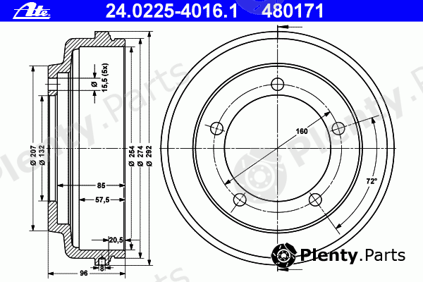  ATE part 24.0225-4016.1 (24022540161) Brake Drum