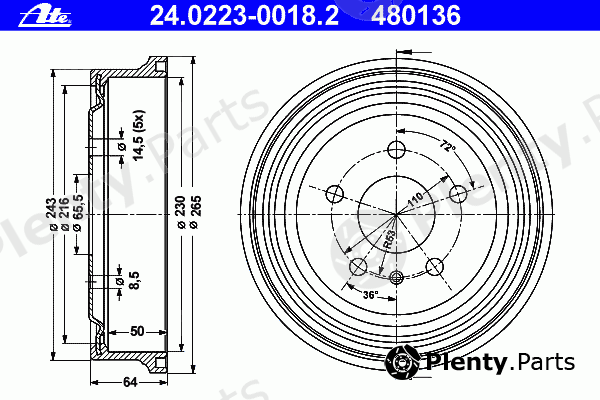  ATE part 24.0223-0018.2 (24022300182) Brake Drum