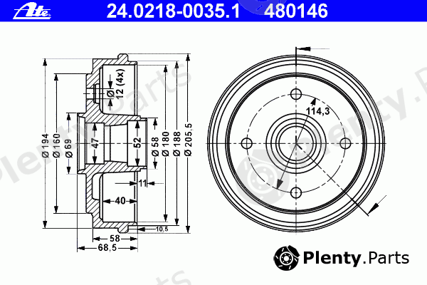  ATE part 24.0218-0035.1 (24021800351) Brake Drum