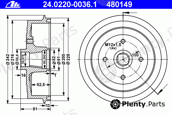  ATE part 24.0220-0036.1 (24022000361) Brake Drum