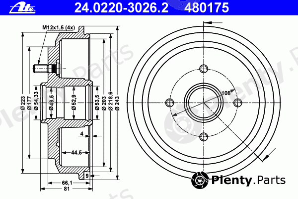  ATE part 24.0220-3026.2 (24022030262) Brake Drum