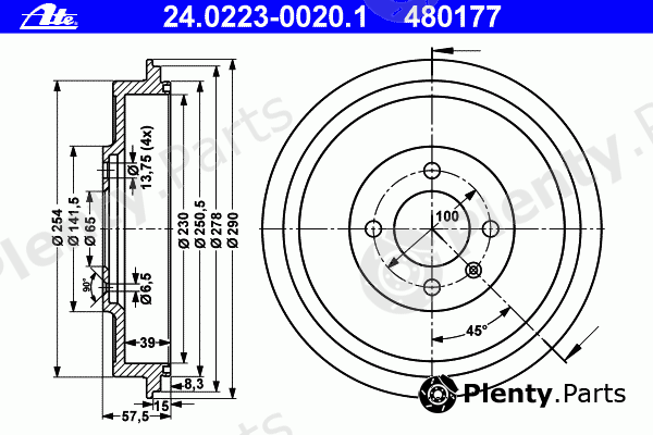  ATE part 24.0223-0020.1 (24022300201) Brake Drum