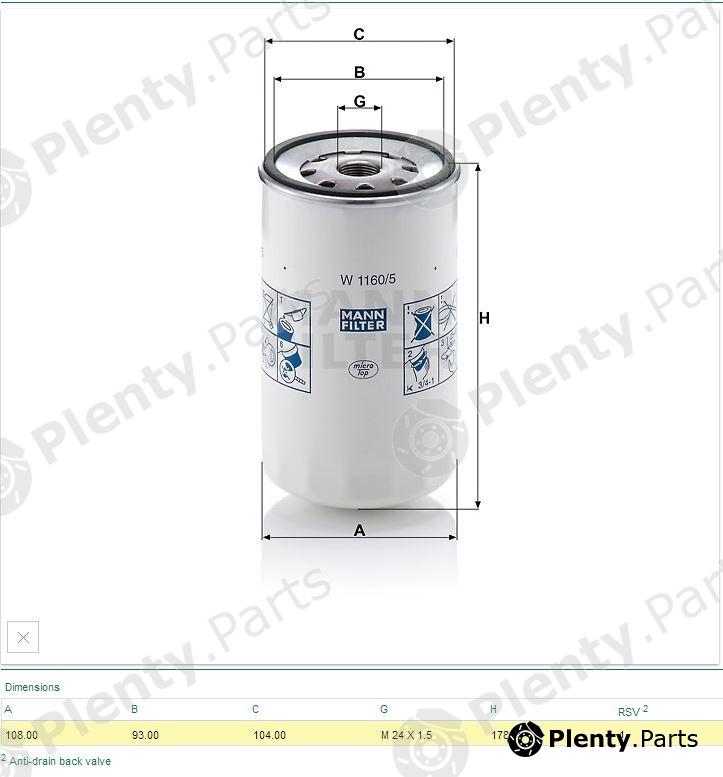  MANN-FILTER part W1160/5 (W11605) Oil Filter